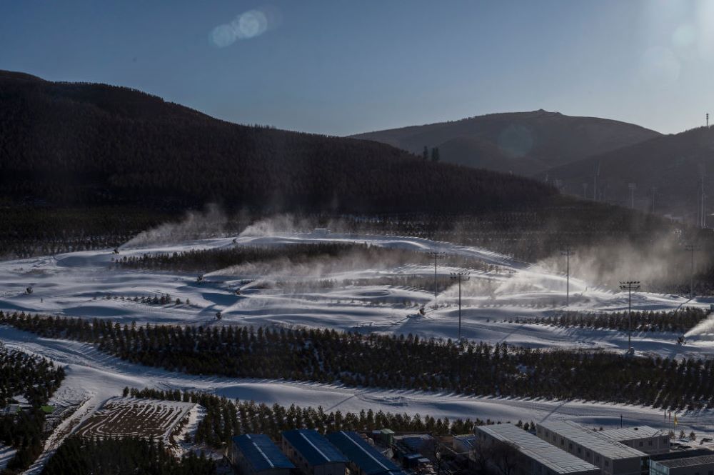 Techno Alpin snow machines turning the city of Beijing, China white for the Winter Olympics.