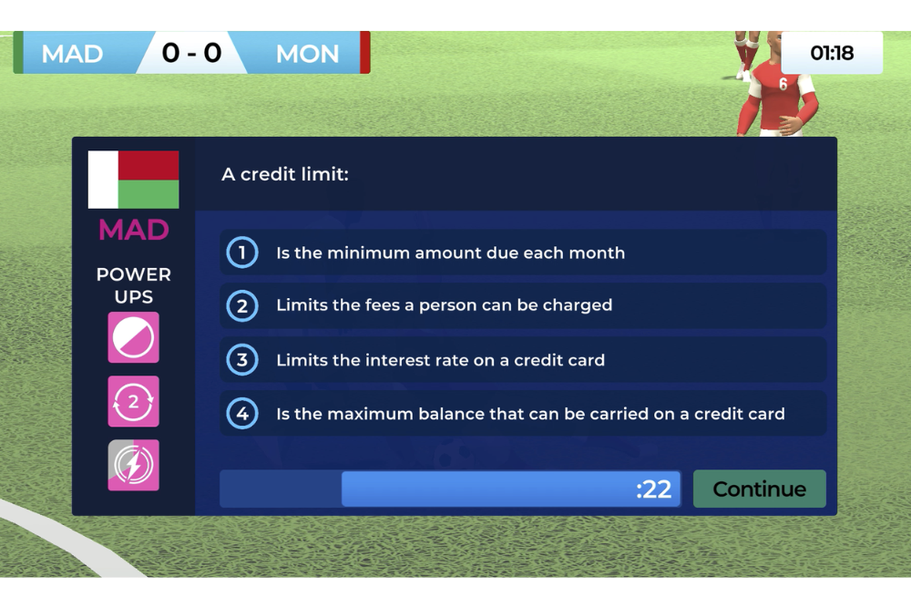 The game challenges players to answer money management questions on various difficulty levels to head off the field for a chance to score a goal.